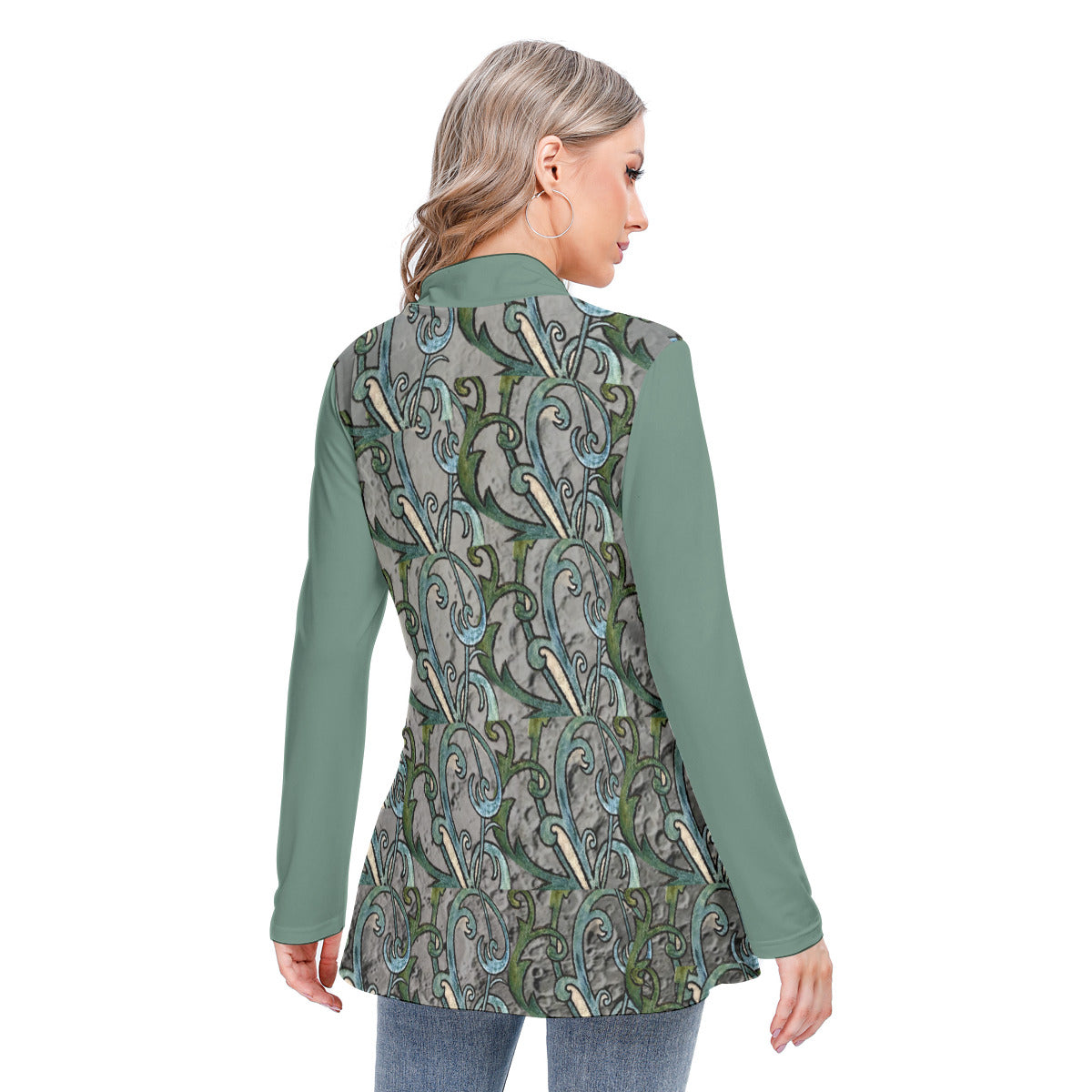 All-Over Print Women's Long-sleeved Heap-neck Slim Casual Tunic Blouse