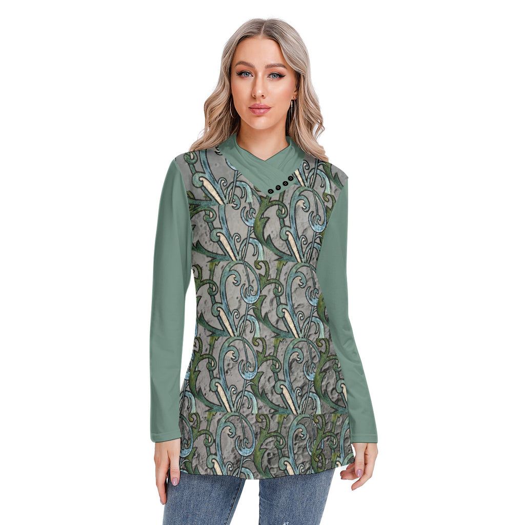 All-Over Print Women's Long-sleeved Heap-neck Slim Casual Tunic Blouse