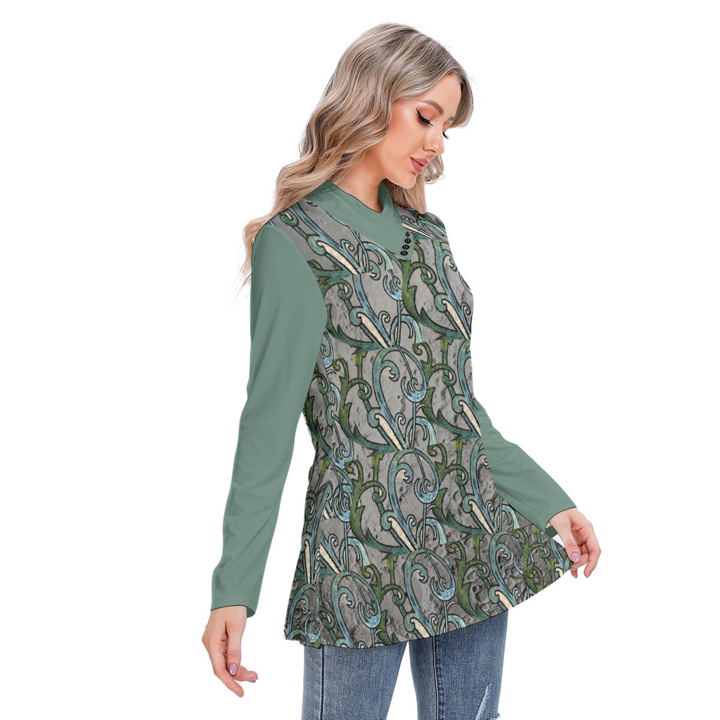 All-Over Print Women's Long-sleeved Heap-neck Slim Casual Tunic Blouse