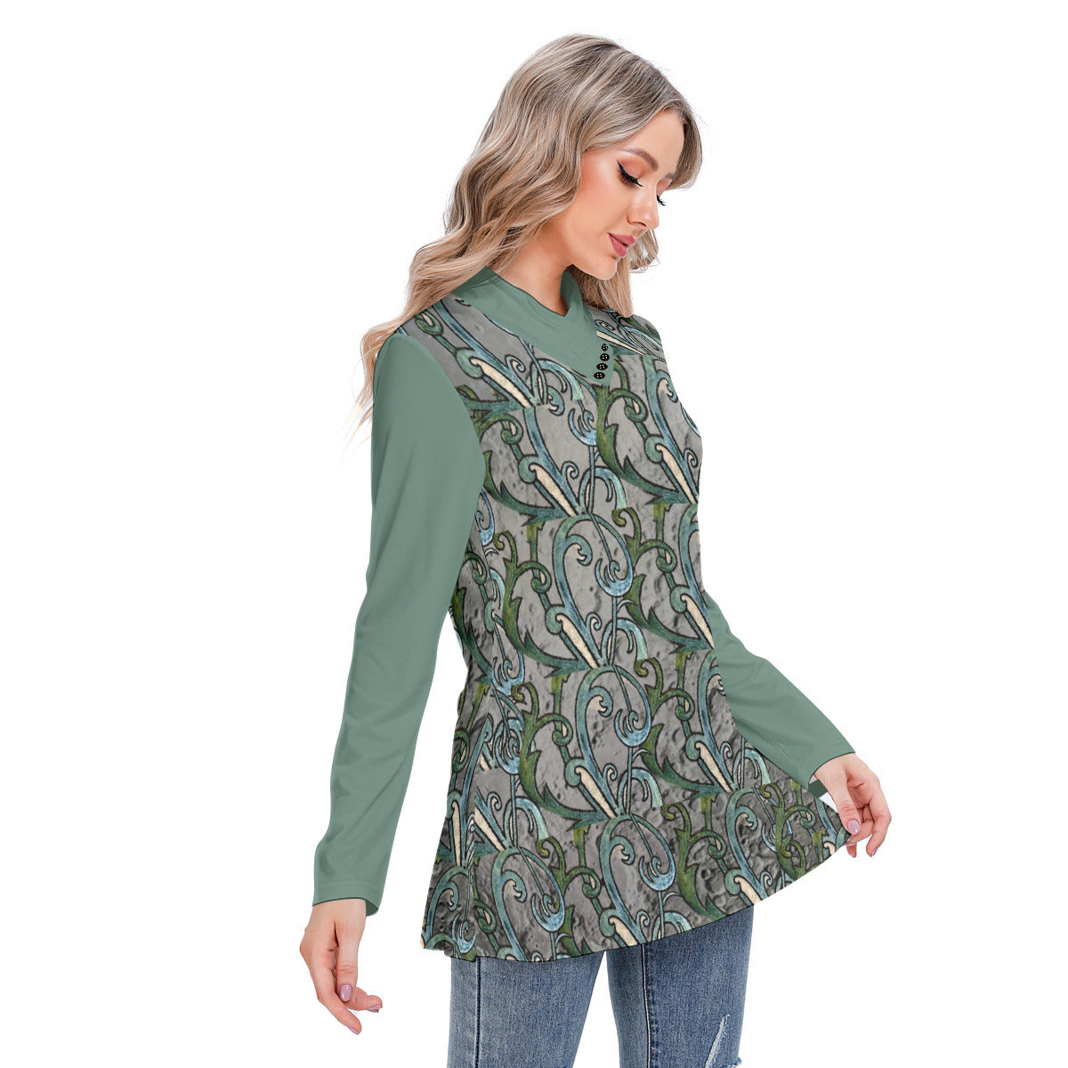 All-Over Print Women's Long-sleeved Heap-neck Slim Casual Tunic Blouse