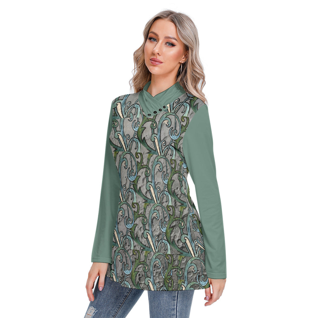 All-Over Print Women's Long-sleeved Heap-neck Slim Casual Tunic Blouse
