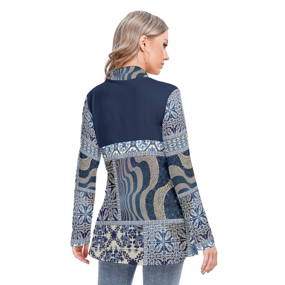 All-Over Print Women's Long-sleeved Heap-neck Slim Casual Tunic Blouse