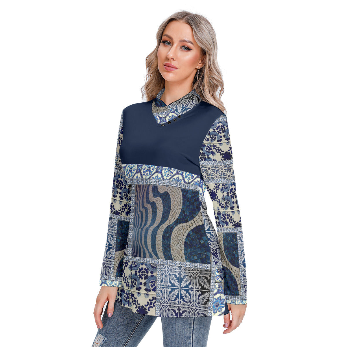Elegence in Blue Long-sleeved Heap-neck Slim Casual Tunic Blouse