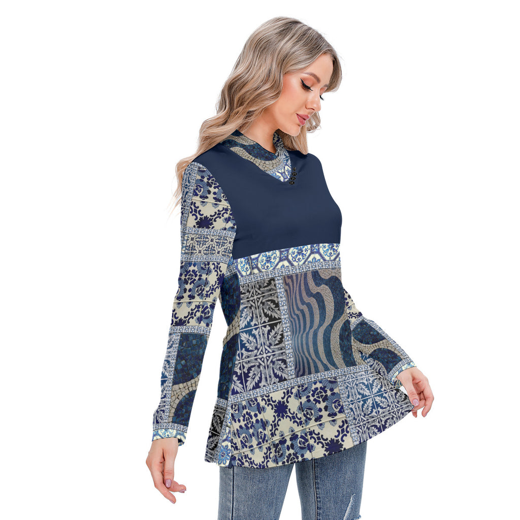 All-Over Print Women's Long-sleeved Heap-neck Slim Casual Tunic Blouse