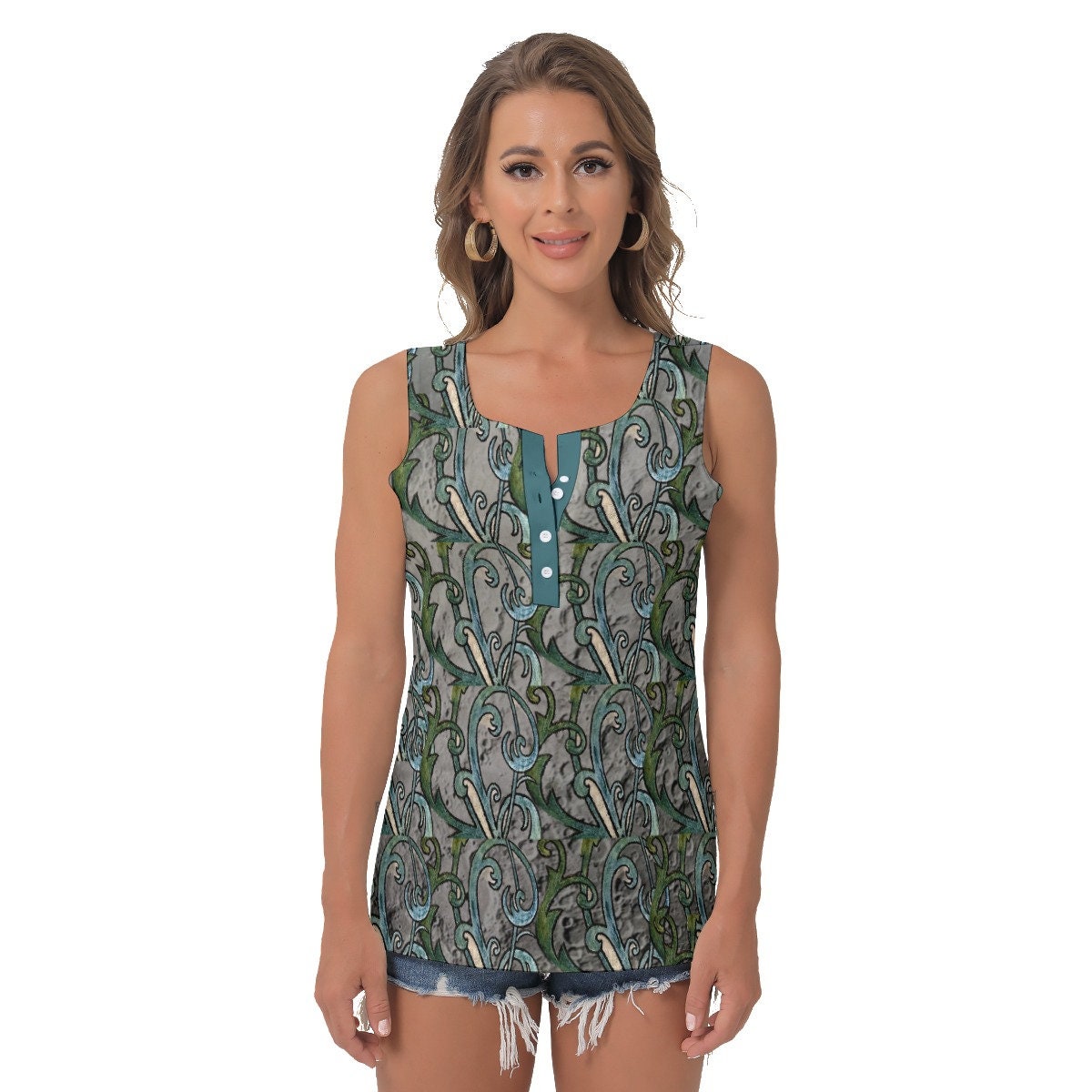 Women's Sleeveless Button Vest - Abstract Print Tank Top