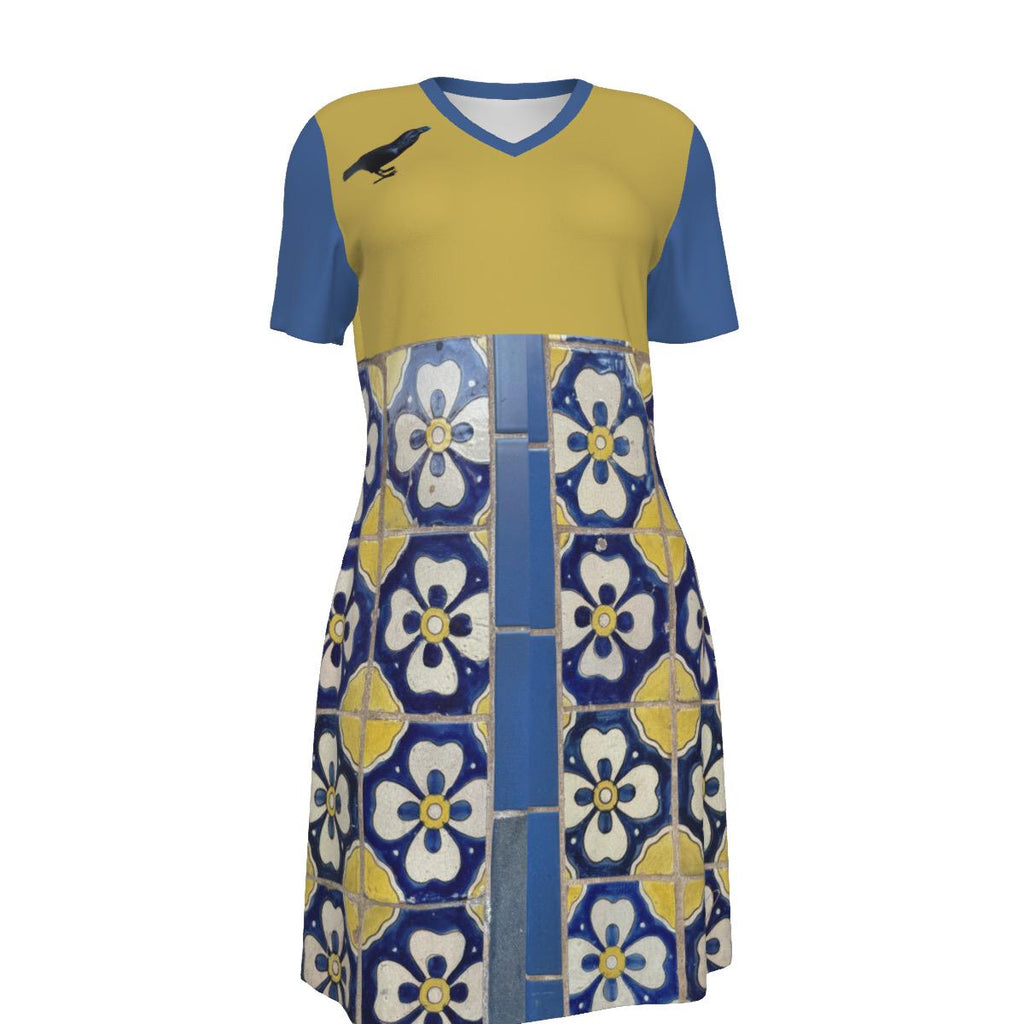 NM Crow & Tile Cotton V-Neck Dress