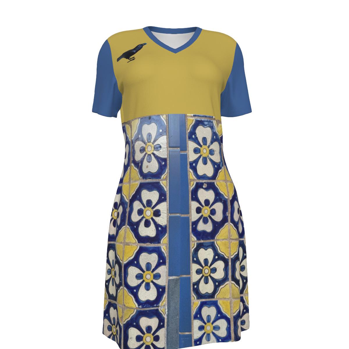 NM Crow & Tile Cotton V-Neck Dress